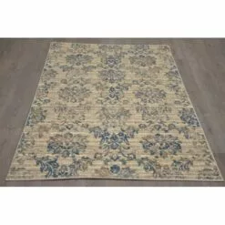 (B304) Ivory & Blue Floral Design Area Rug, 5x7