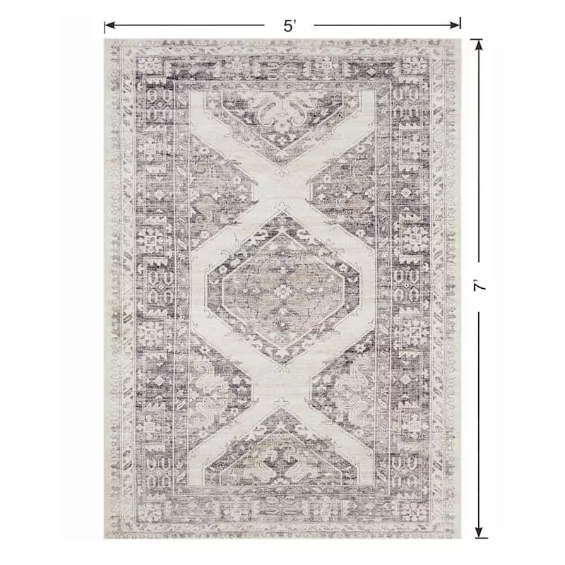 (B829) Grey & White Floral Washable Area Rug, 5x7 8 (B829) Grey & White Floral Washable Area Rug, 5x7 - Image 6