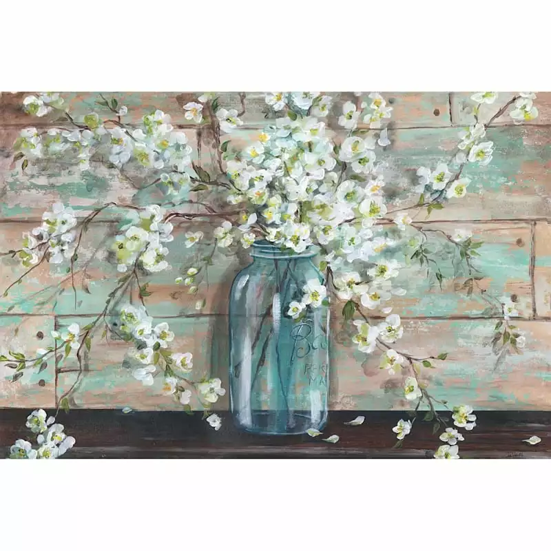 Blossoms In Mason Jar Embellished Canvas Wall Art, 36x24 2 Blossoms In Mason Jar Embellished Canvas Wall Art, 36x24