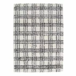(C122) Honeybloom Ivory & Dark Grey Plaid Design Shag Area Rug, 5x7