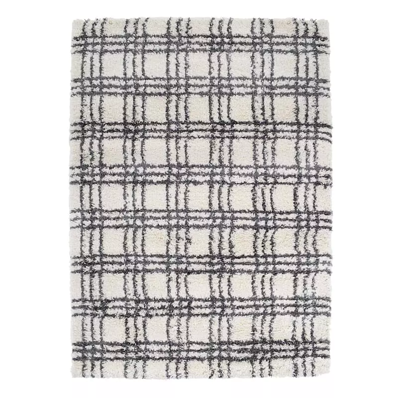 (C122) Honeybloom Ivory & Dark Grey Plaid Design Shag Area Rug, 5x7 3 (C122) Honeybloom Ivory & Dark Grey Plaid Design Shag Area Rug, 5x7