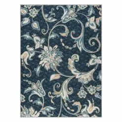 (D406) Navy Blue Floral Design Area Rug, 7x10