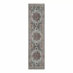 (D448) Found & Fable Chenille Printed Vintage Look Blue Medallion Runner, 2x7