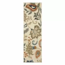 (D463) Casey Ivory, Grey & Blue Floral Runner, 2x7