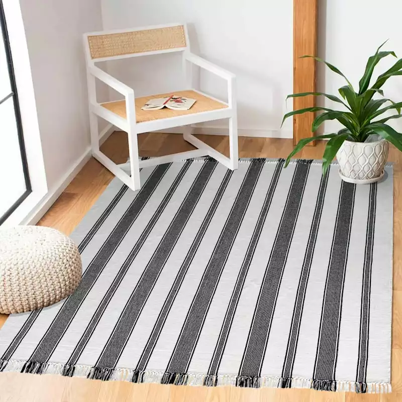 (D551) Honeybloom Flatweave Ivory & Black Striped Area Rug, 8x10 7 (D551) Honeybloom Flatweave Ivory & Black Striped Area Rug, 8x10 - Image 5