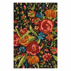 (E255) Santa Monica Black Floral Indoor & Outdoor Area Rug, 5x7