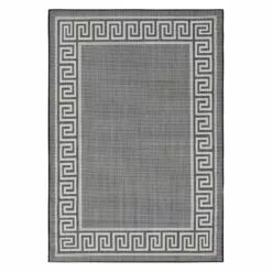 (E303) Dark Blue & Cream Greek Key Indoor & Outdoor Area Rug, 5x7
