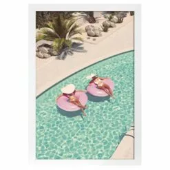 Glass Framed Pink Tubers In Swimming Pool Print Wall Art, 18x26