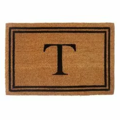 Providence Monogram T Black Natural Border Coir Mat, 18x27
