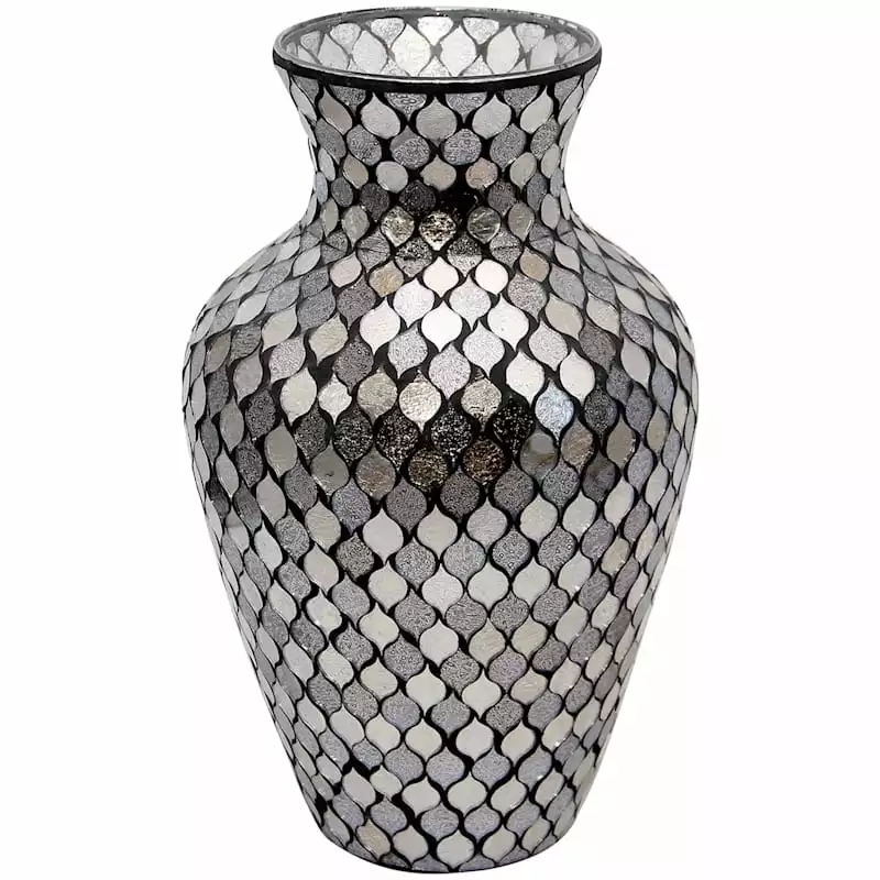 Silver Mosaic Glass Vase, 10" 3 Silver Mosaic Glass Vase, 10"