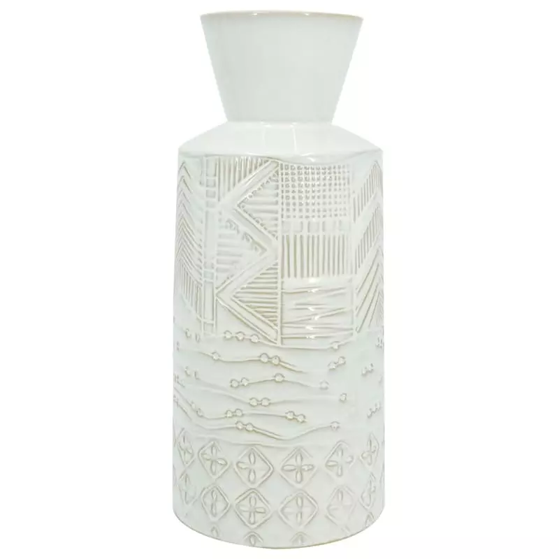 White Ceramic Tribal Vase, 12.5" 3 White Ceramic Tribal Vase, 12.5"